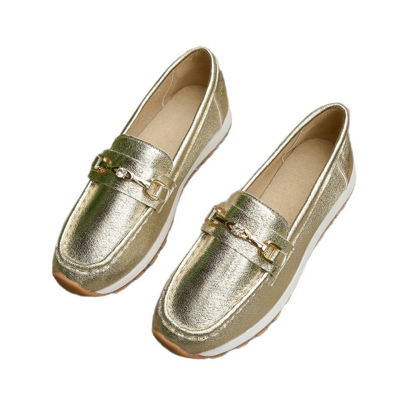 Women's Wide Width Metal Detail Flats, Round Toe Low-Cut Chain Loafers, European Autumn Shoes in Stock
