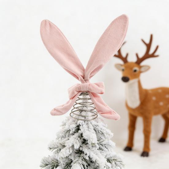 Easter Ornament Soft Pink Velvet Rabbit Ears Tree Topper with Spring Support Flexible Swinging Decoration