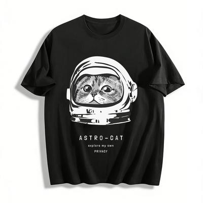 Süßes Weltraumkatzen-Print Lässiges T-Shirt Unisex Trendiges Lustiges Oberteil Reines Baumwoll-T-Shirt
