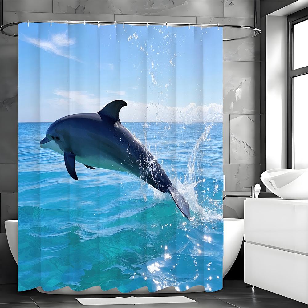 Ocean Dolphin Leaping Out of the Sea Shower Curtain, Bathroom Decorative Shower Curtain, Waterproof Shower Curtain with Hooks