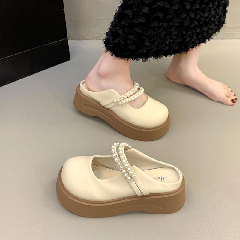 Pärlfranska Mary Jane-skor med tjocksula och en rem, halvtofflor för kvinnor för vår och sommar, ytterkläder 2025 nya coola tofflor