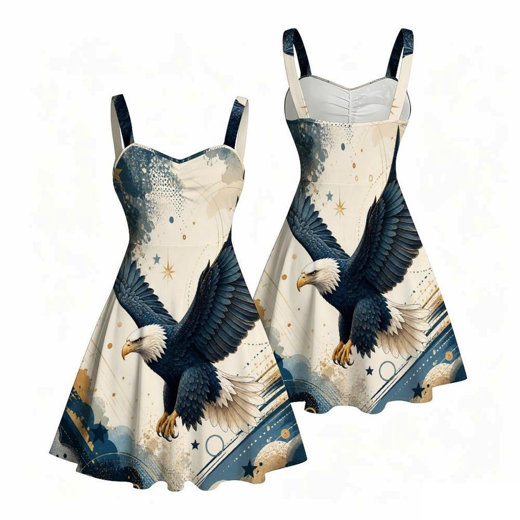 Women Plus Size Square Neck Sleeveless Strappy Dress American Eagle Flag Printed Fitted Waist Flared Hem