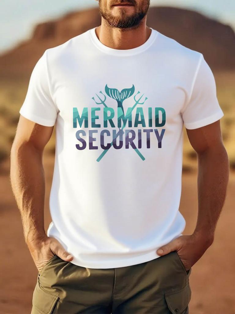 Mermaid Security Graphic Mens TShirt Oversized Crew Neck Cotton Tee Summer Male Streetwear Casual Loose Tops Short Sleeve