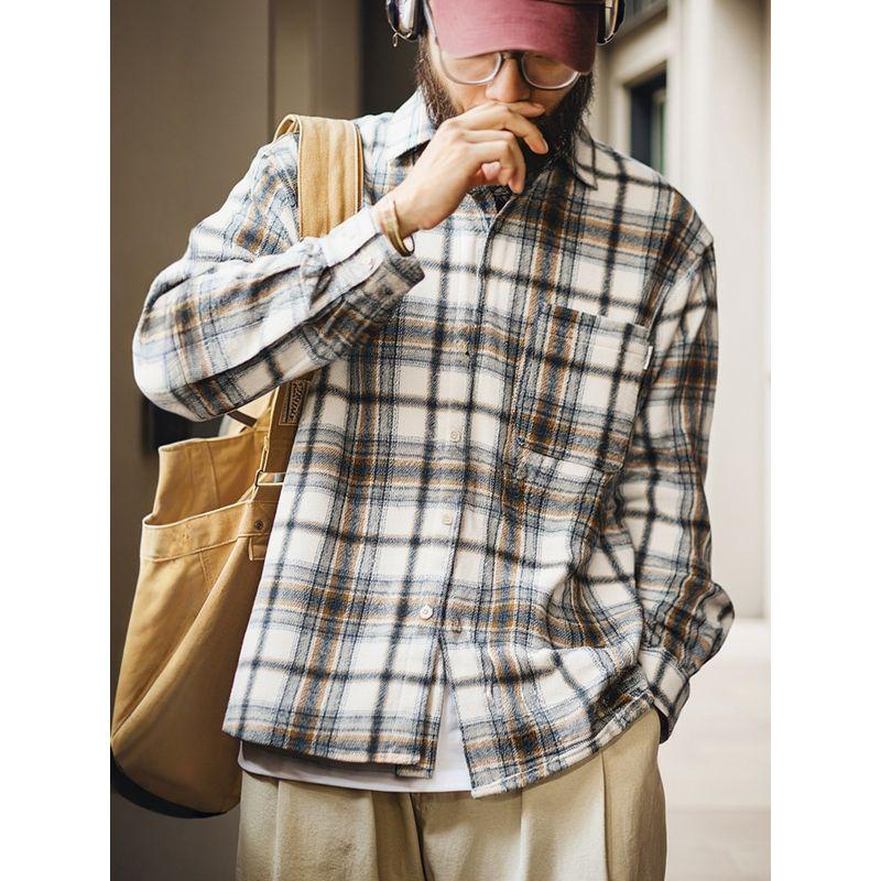 American Retro Flannel Brushed Loose Plaid Shirt Men's Spring and Autumn Jacket Foreign Trade Men's Casual Plaid Shirt