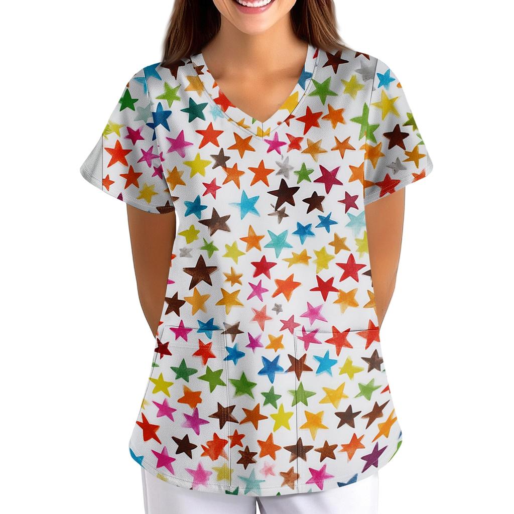 Women's V Neck Floral Print Short Sleeve Medical Scrub Top with Pocket Vintage Style Comfortable Fit Nursing Workwear