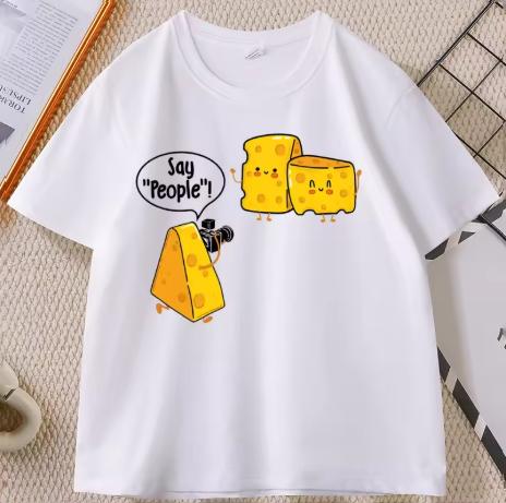 2026 New Fun Cute Cheese Print T-shirt, Unisex, Casual Cotton Short Sleeve Round Neck, Outdoor Loose Soft Top