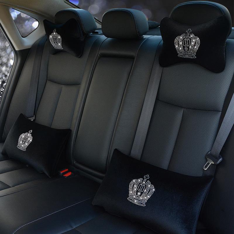 Diamond Car Headrest Pillow and Waist Cushion Set with Neck Pillow - Car Interior Comfort Kit