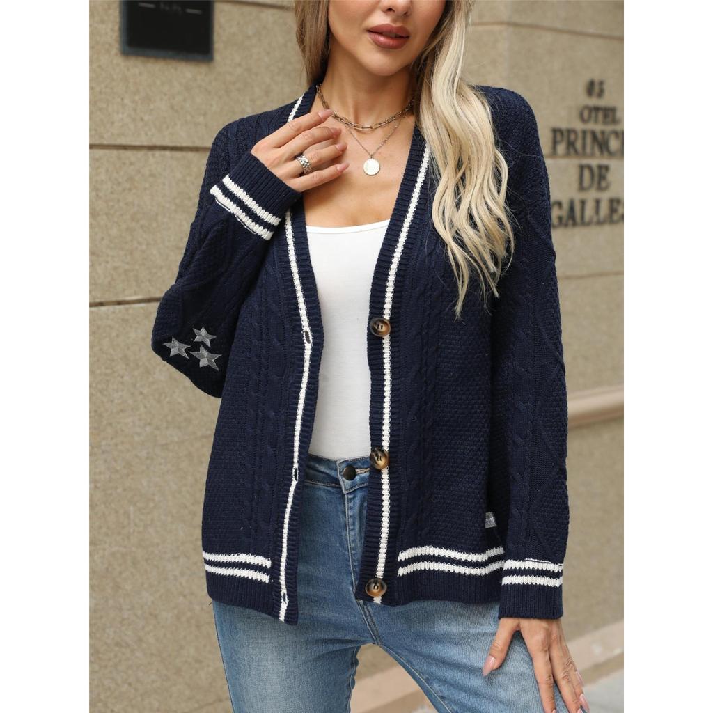 Autumn Winter Loose Knitted Cardigans Coat Women Star Embroidery Sweaters Streetwear Vintage Casual Single Breasted Long Sleeve Top