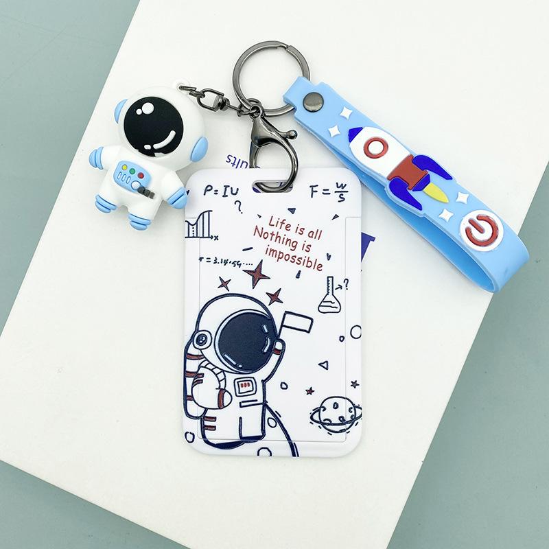 Women Men Work Card Cover White Astronaut Pattern Business Name Card Badge Holder Bus Access Guard Credit Card Case with Lanyard