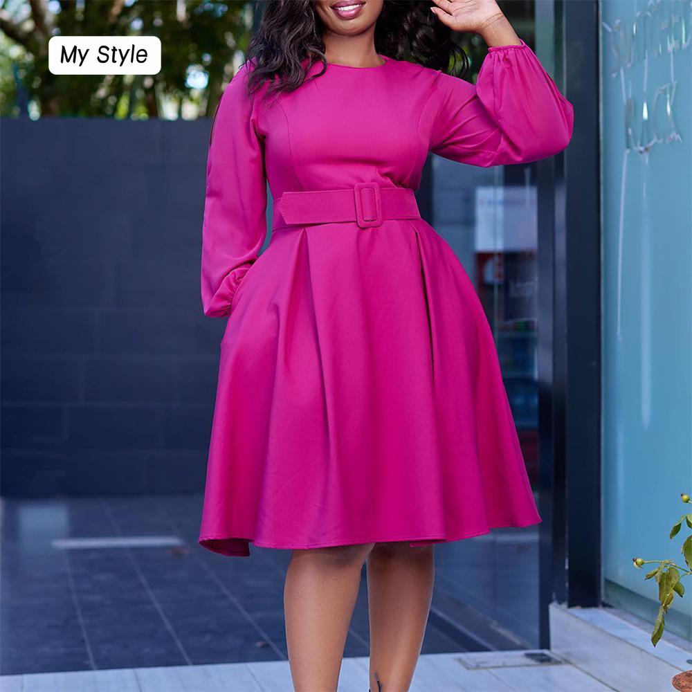 

Большой размер, женское весенне-осеннее модное однотонное платье с длинными рукавами, женское элегантное цельное свободное платье с круглым воротником и поясом