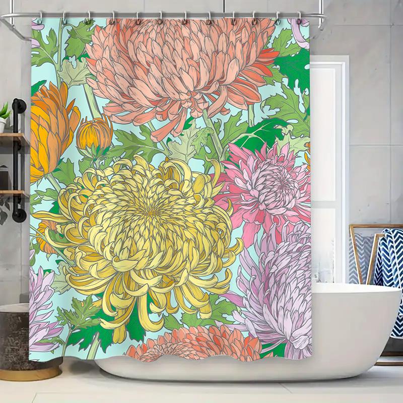 

Floral Shower Curtain Bath Mat Decor With Chrysanthemum Design, Pink Yellow Green White Purple Colors, Waterproof Fabric For Bat W60H190(CM)-1 Pcs