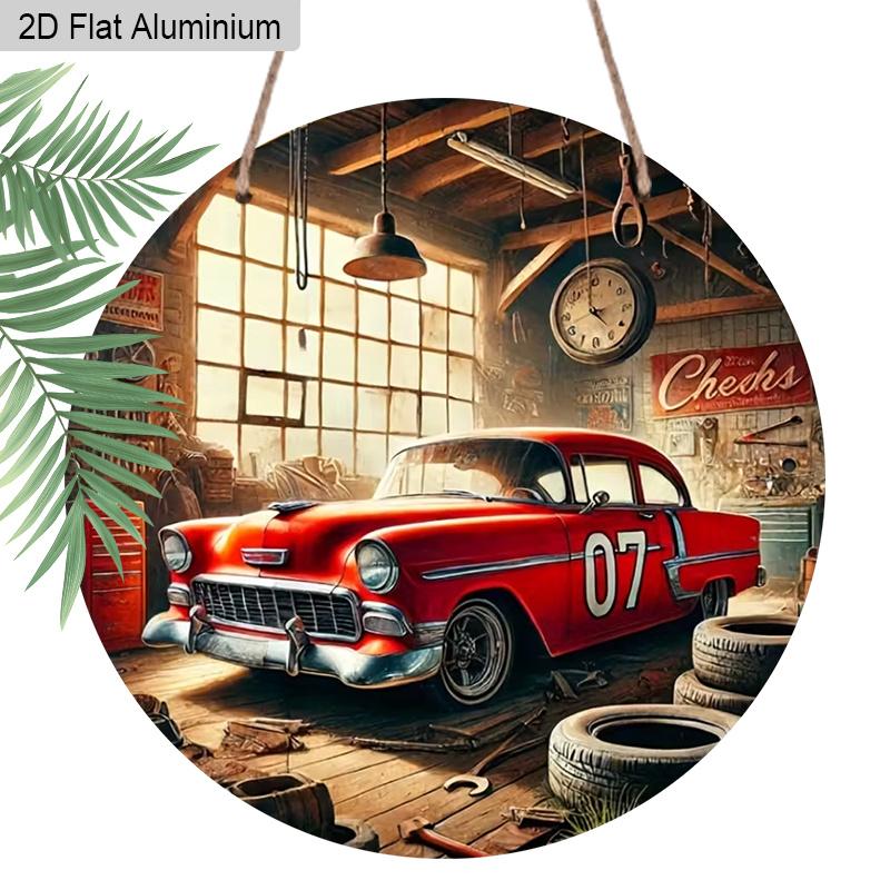 

2D Flat Aluminum Vintage Car Garage Round Metal Sign, Classic Red Car with 07 Number Sign for Front Door, Pre-Drilled Holes for Easy Hanging 1pc