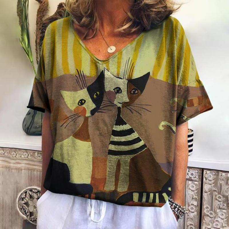Frauen T-shirt Cartoon Katze Drucken Lose Freizeit Sommer Kurzarm V-ausschnitt Kawaii T-shirts Mit Katze Lustige Weiblichkeit Kleidung