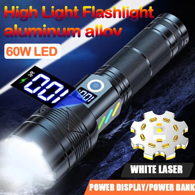 White Laser 60W LED High Power Flashlight Ultra Powerful LED Flash Light Spotlight Long Range Torch Zoom Emergency Light