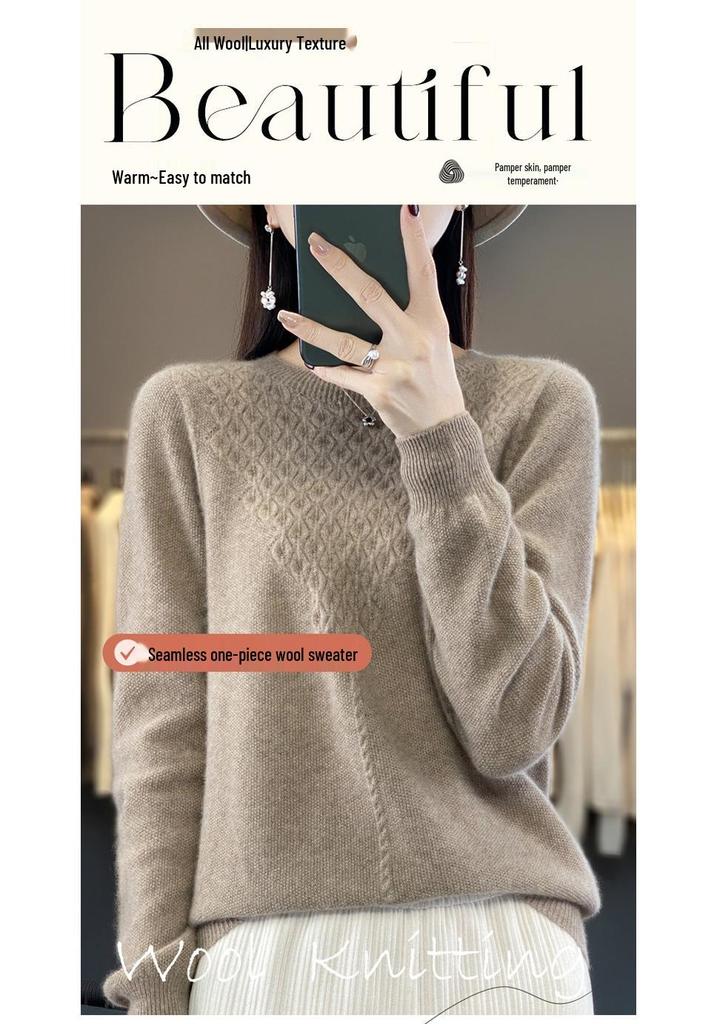Women's Cashmere Hollow-Out Round Neck Knitted Wool Pullover Sweater