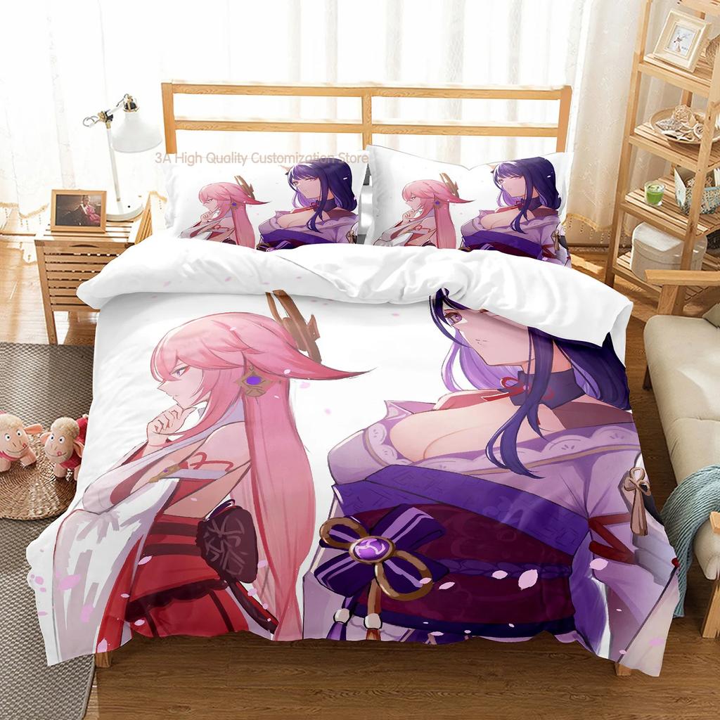 Beelzebul Bettwäsche-Set Einzelbett Twin Full Queen King Size Genshin Lmpact Bettset Aldult Jungen Schlafzimmer Raiden Shogun 3D-Druck 019