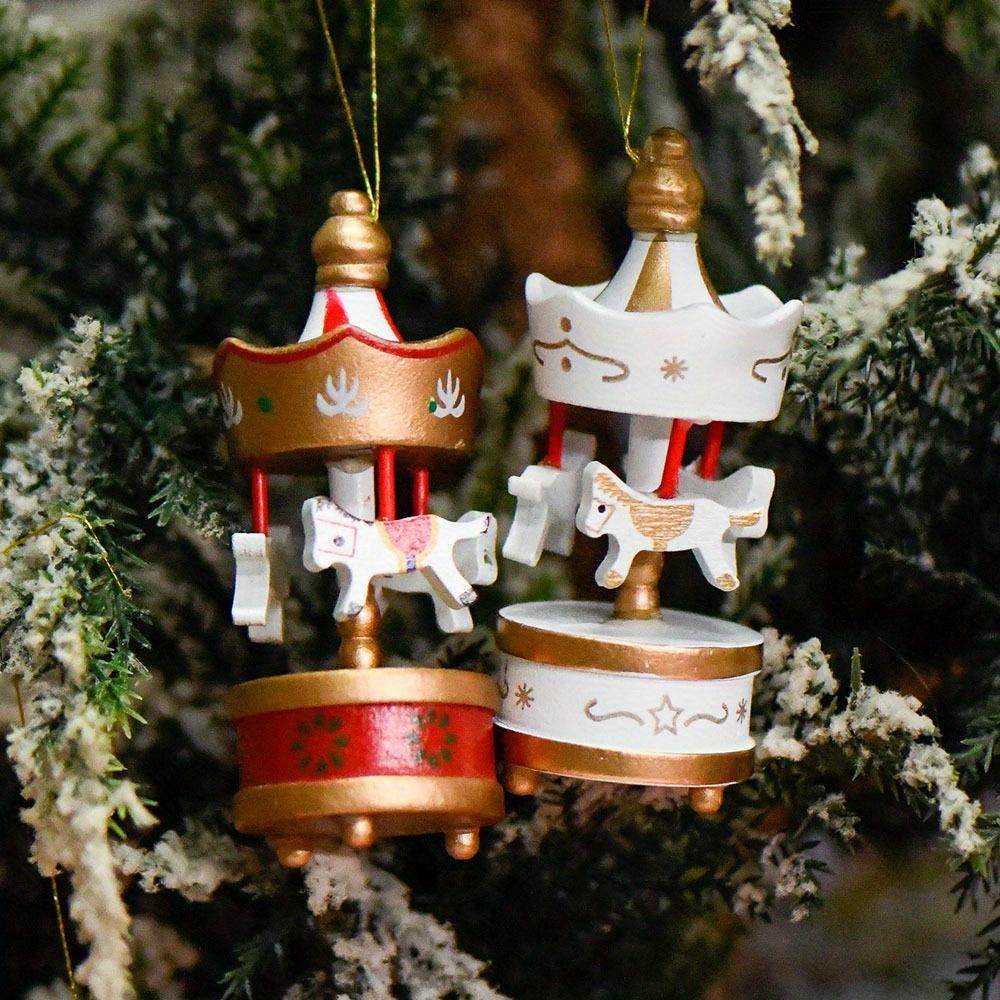 Christmas Wooden Carousel Horse Miniature Ornaments Christmas Tree Hanging Pendants New Year Gift Toy For Kid Home Party Decor