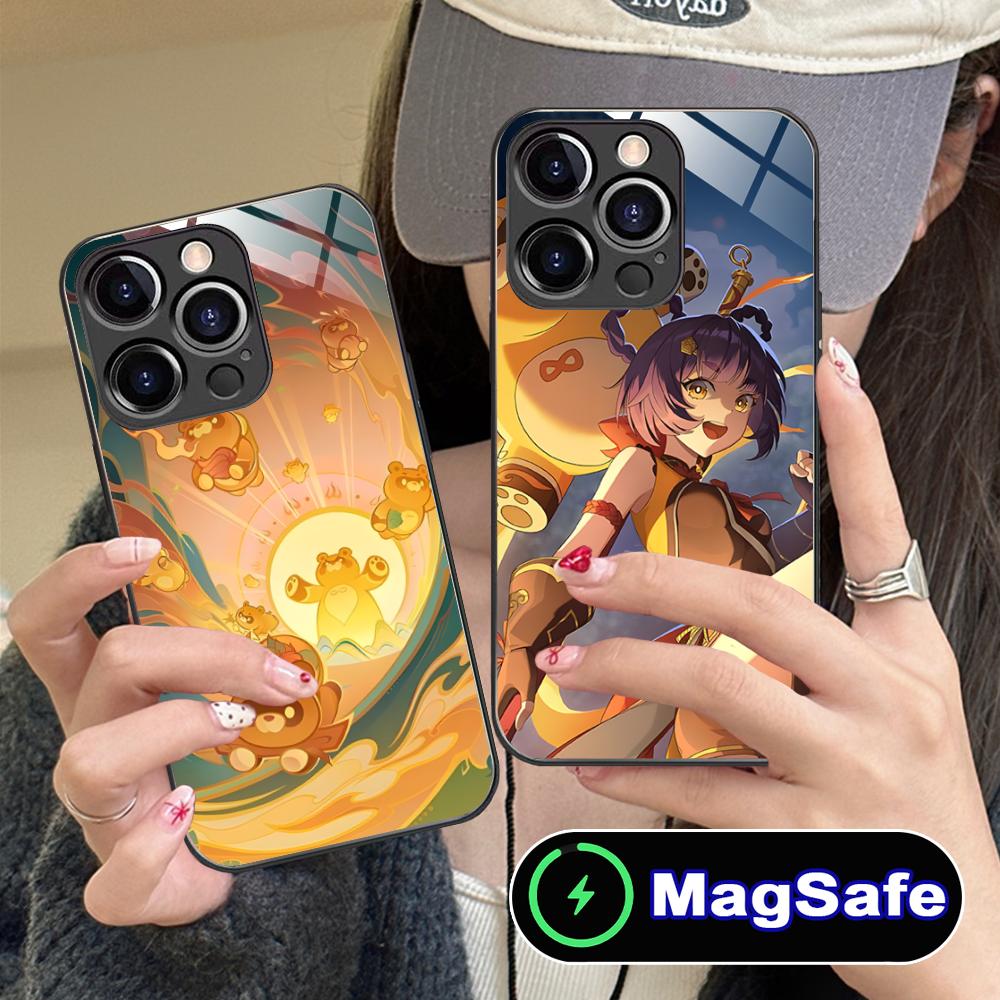 Game GI Xiangling Glass MagSafe Mobile Phone Case for iPhone 17 16 15 14 13 12 11 Air Pro Max Plus Mini Colorful Cover