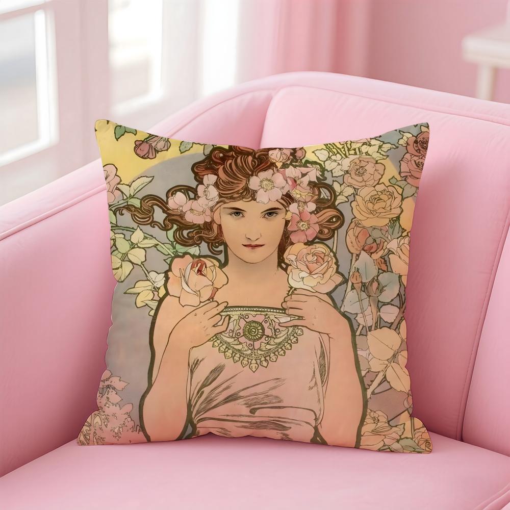 artistic AAlphonse Maria Mucha Cushion Cover Pillow Case Soft Skin Friendly Fabric Comfort Concealed Zipper