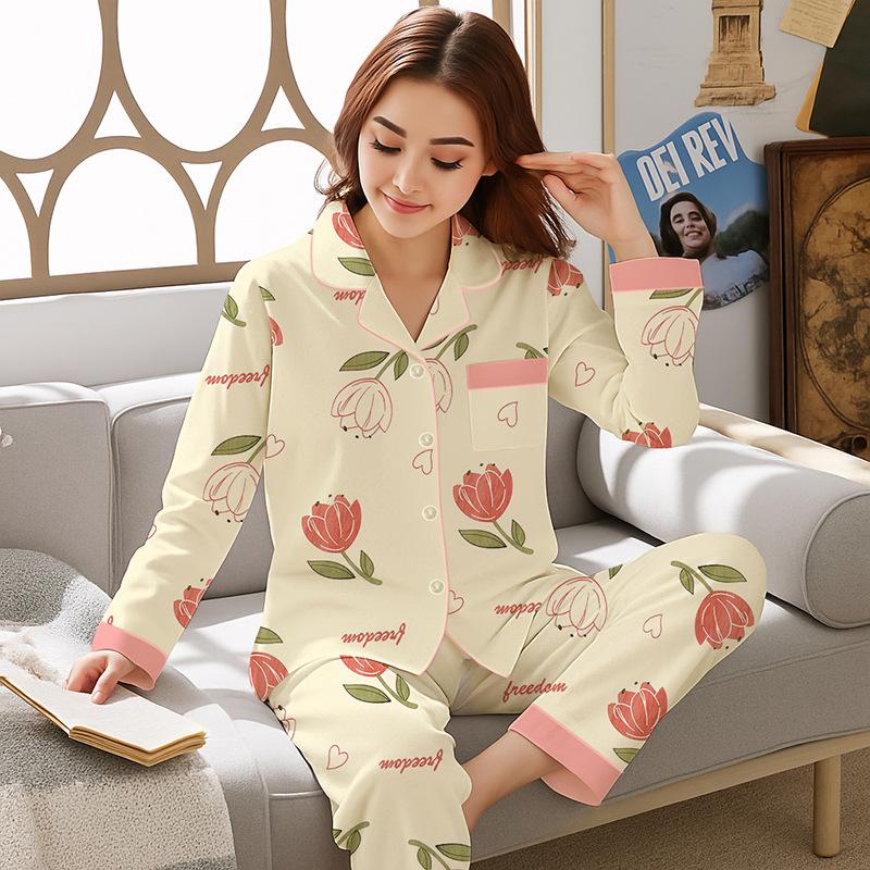 Spring and Autumn Mid-mother Large-size Loungewear Imitation Cotton Long-sleeved High-value Pajamas Women's Floral Cardigan Set