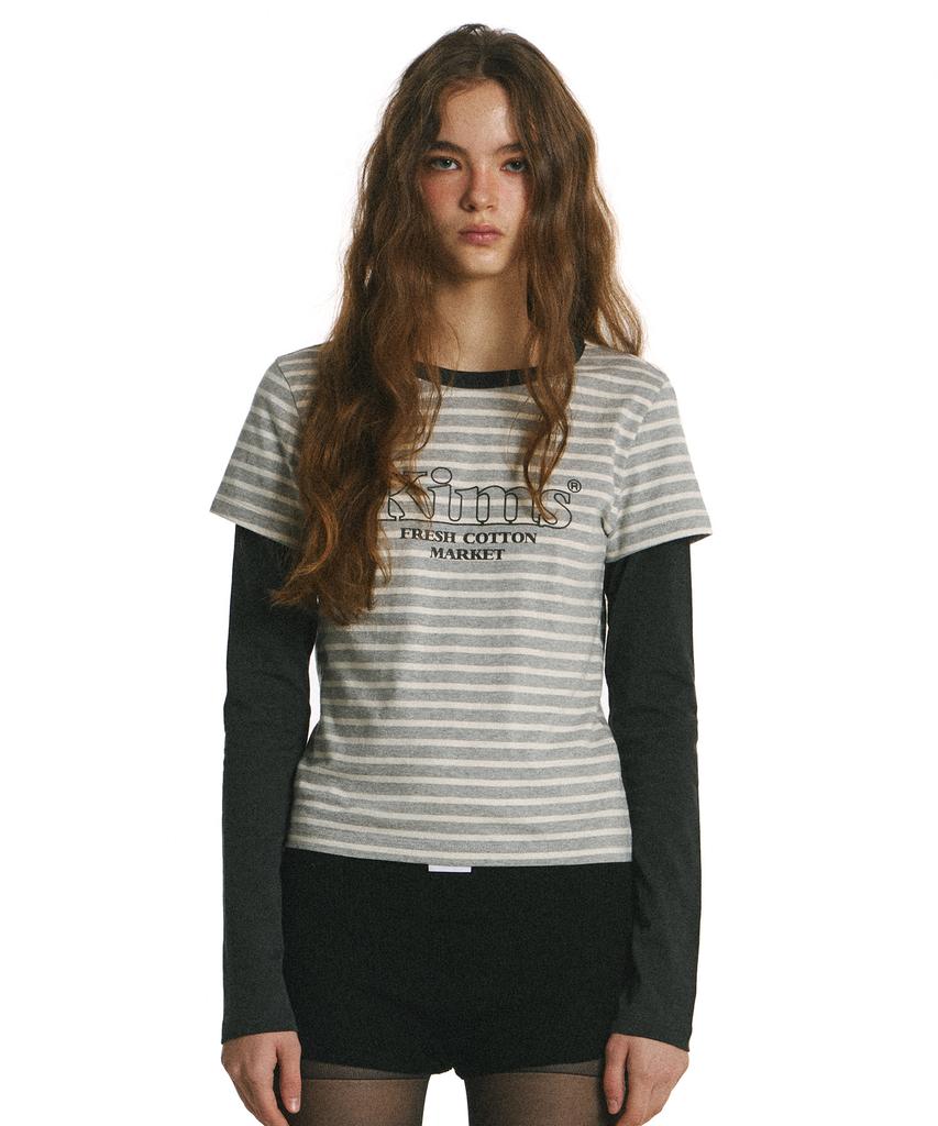 Kimseupeulesikoteunmakes 34 Body Stripe Layered Long Sleeve T-Shirt Gray