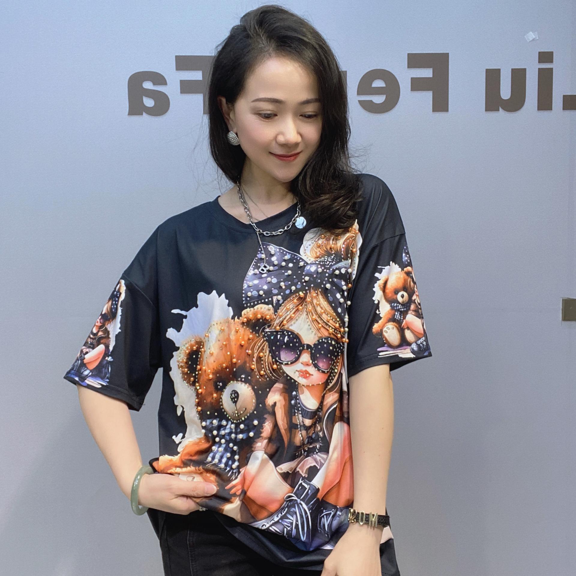 

Plus Size Cartoon Pattern Beading Short Sleeve Tees for Women Summer Clothing Thin Casual Loose O Neck T Shirt Diamonds Knitwear One Size чёрный