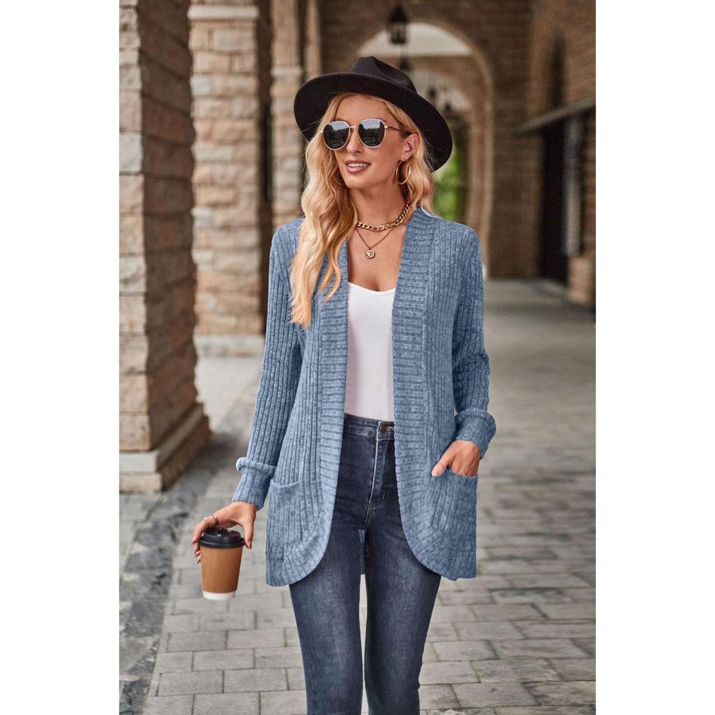 2026 Autumn New Women's Solid Color Ribbed Fleece Casual Patchwork Long Sleeve Cardigan Coat