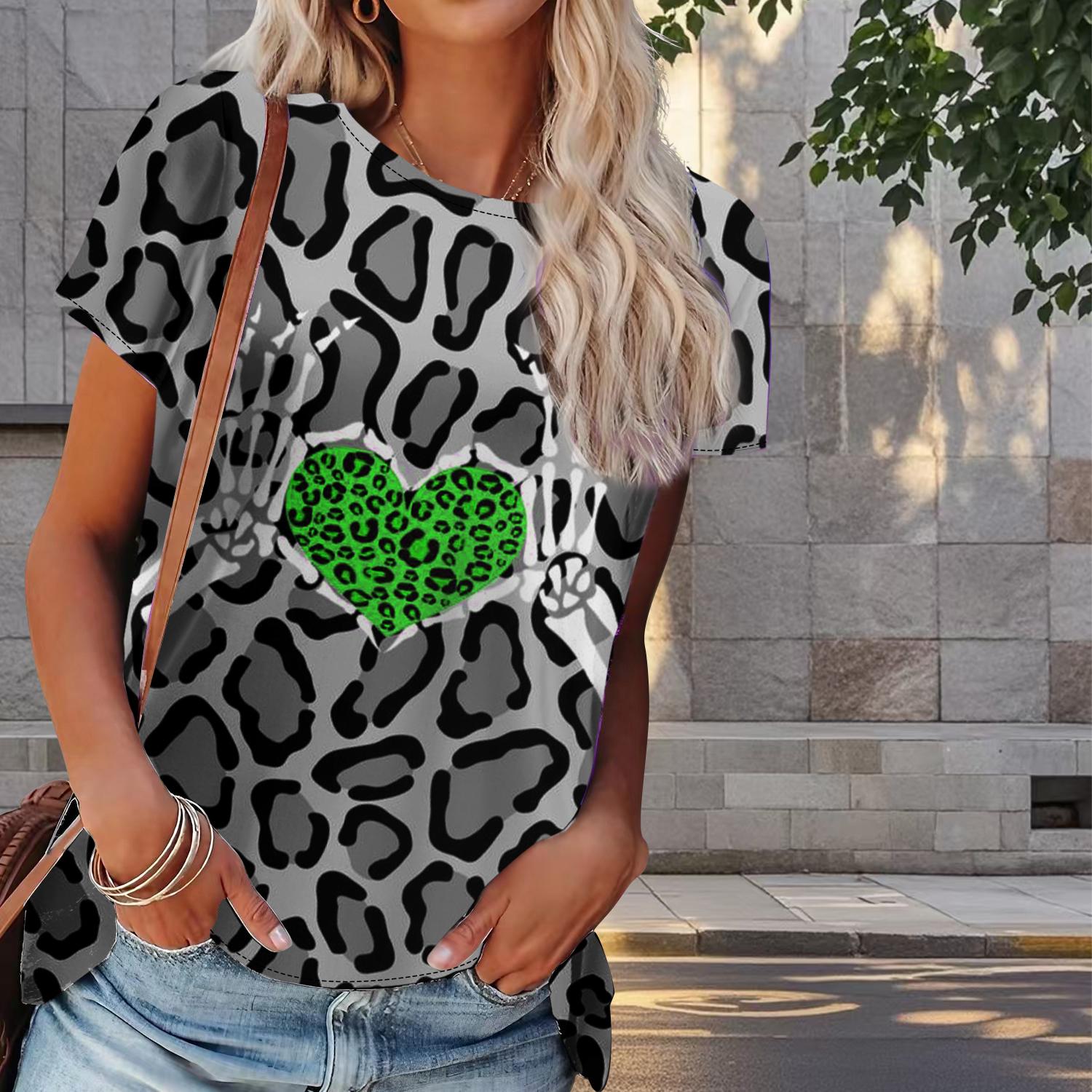 

Женская летняя футболка с леопардовым принтом, ретро-мода, футболки с коротким рукавом, повседневные топы с принтом S зелёный