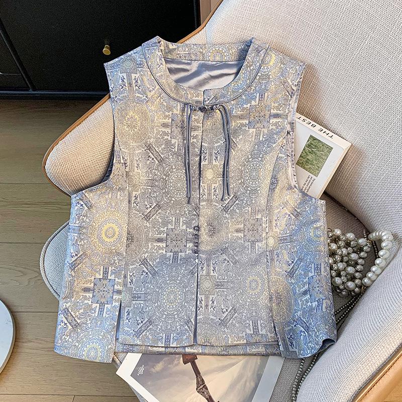 

Women s Ethnic Style Jacquard Embroidery Button Collar Vest L