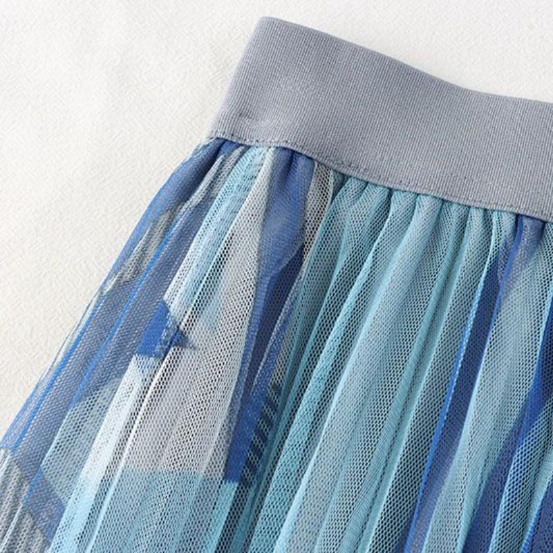 MOJTA Summer Women's Big Swing Skirt Mesh Printing Elastic Mid-length High Waist A-line Skirt