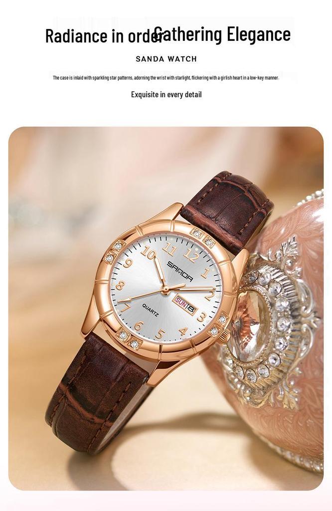 Sanda Junior High Student Retro Quartz Watch - Luminous, Dual Calendar, Waterproof, Sun Pattern, Fashionable Women's Style