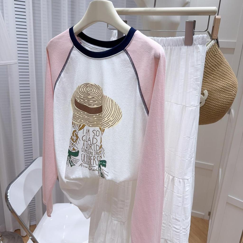 2026 Spring/Summer Women's Color Block Raglan Sleeve Sun Protection Shirt - Loose Casual Patchwork Long Sleeve T-shirt