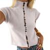 Women's Retro Color Knit Top High Neck Slim Fit Short Sleeve with Colorful Buttons