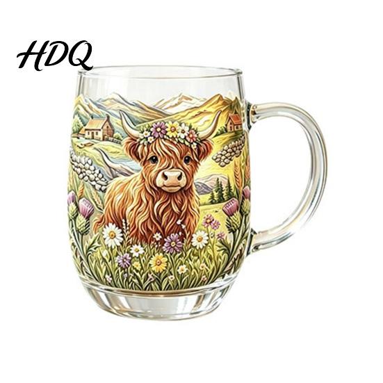 Durable Glass Drinkware 350ML Hand-painted Highland Cow Glass Cattle Coffee Mug Decorative Wine Glasses with Handle Heat-Resistant Tea Milk