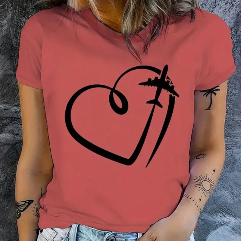 

Модная женская футболка с принтом в виде самолета в форме сердца, забавная повседневная футболка с короткими рукавами и круглым вырезом, летняя женская футболка 5XL красный