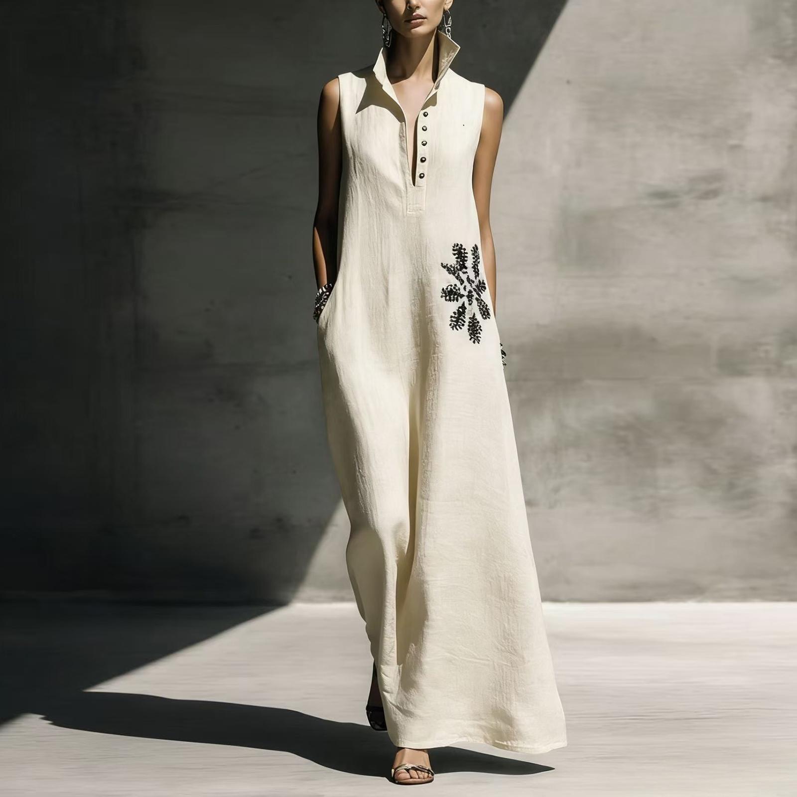 

Women s Color Hot Stamping Pocket Casual Stand Up Collar Cotton And Linen Dress L бежевый