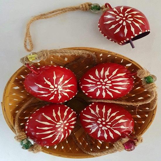 Red Hand Painted Festive Decor Cow Bells Set of 5 with Jute Ropes