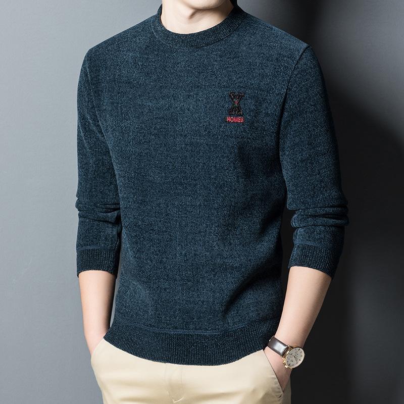 Autumn and Winter Chenille Sweater Men's Round Neck Plus Velvet Thick Chenille Men's Sweater Bottoming Shirt