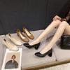 French temperament square head soft leather high heels professional shoes thick heel fairy style spring and autumn shoes grandma shoes
