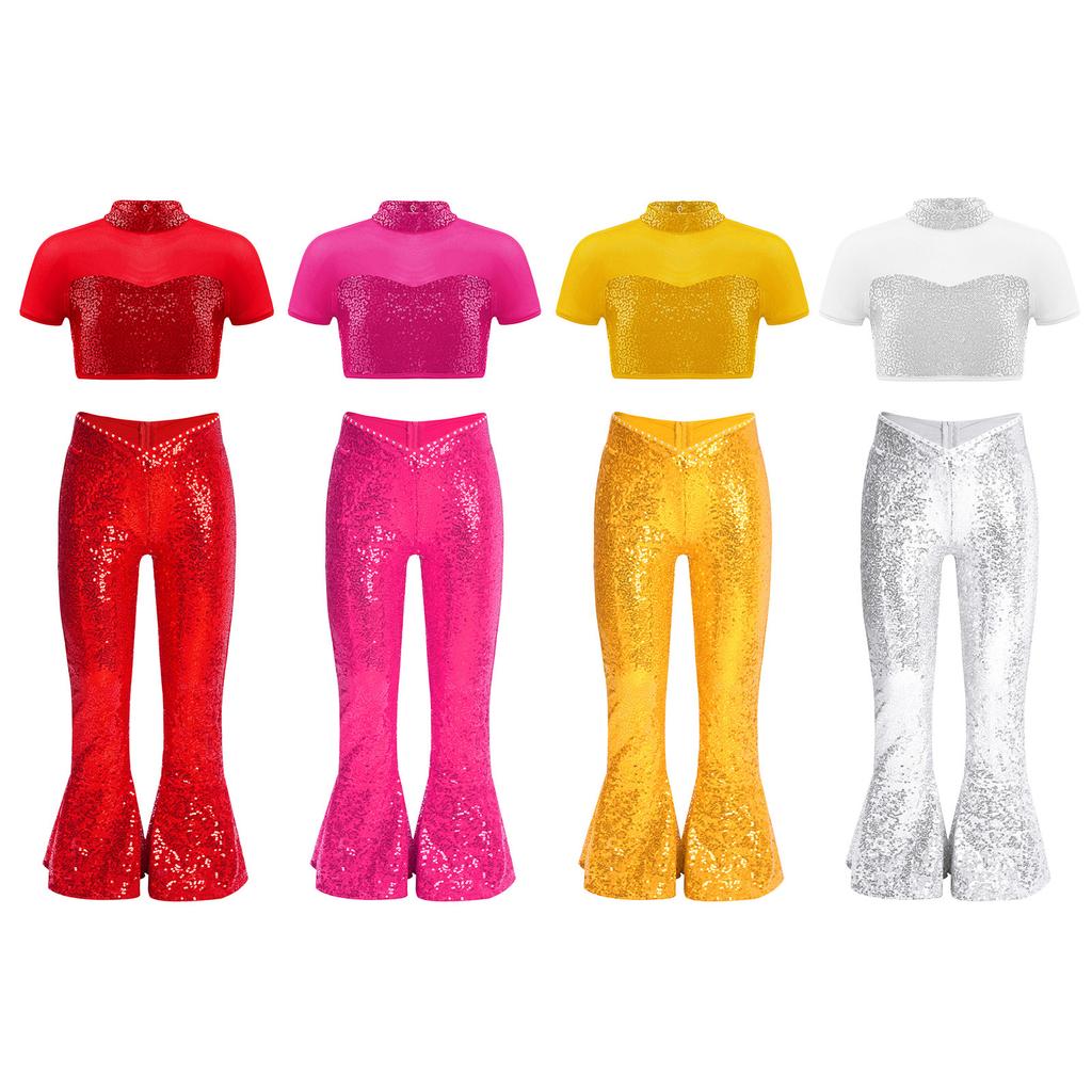 Girls Performance Costume Short Sleeve Mesh Patchwork Cutout Back Sequins Crop Top Sequin Zipper Bell Bottomed Pants