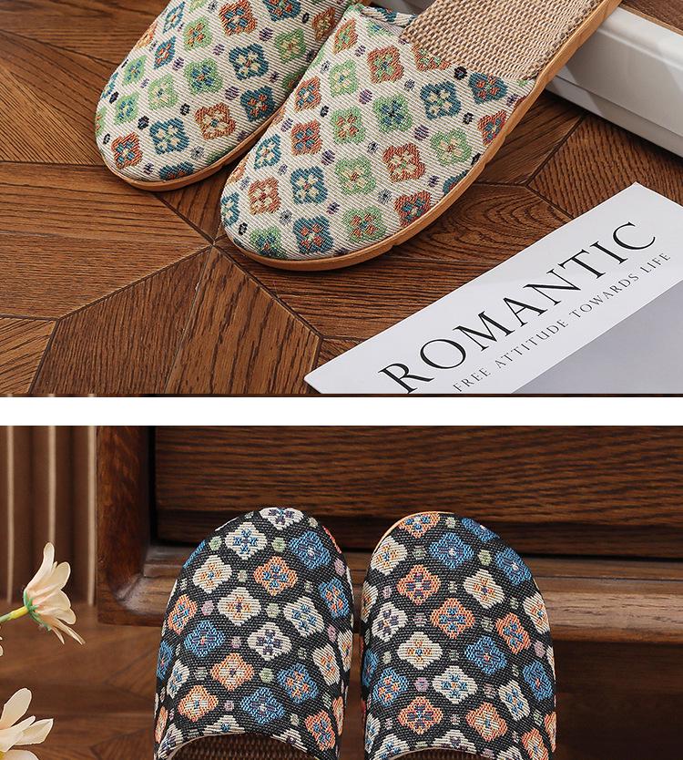 Women's Ethnic Floral Linen Sandals - Breathable Toe-Cover Slippers for Home