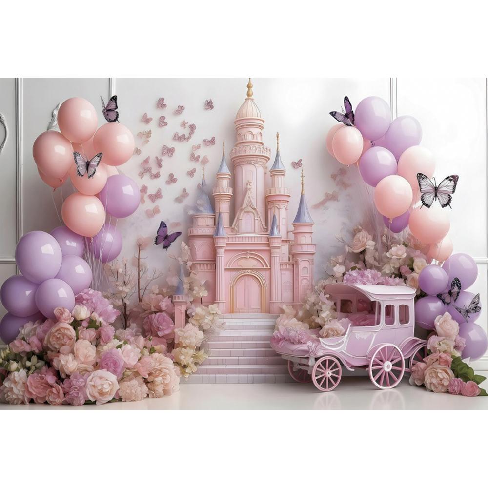 Dreamy Castle Photography Background Pink Balloon Curtain Flower Carriage Girl Birthday Bride Wedding Party Decor Photo Backdrop
