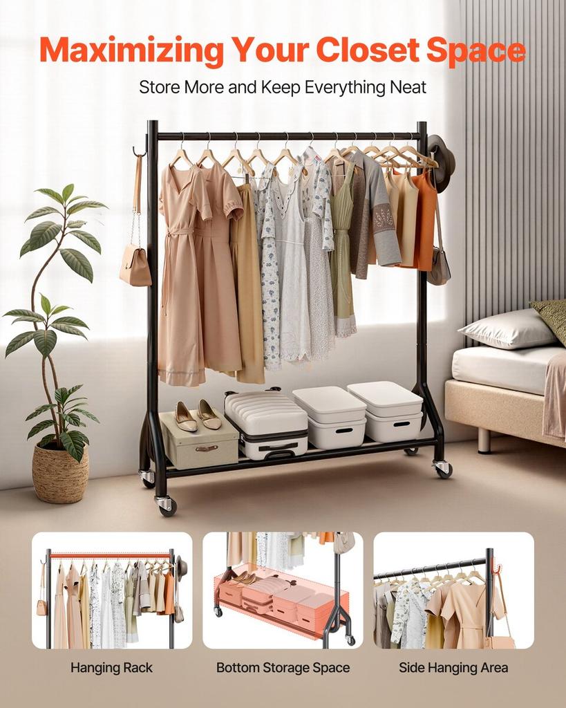 Clothes Rack, Rolling Clothing Garment Rack with Hanging Rod and Side Hooks, 90 kg Load Capacity, Heavy Duty Carbon Steel Clothing Racks with Wheels,