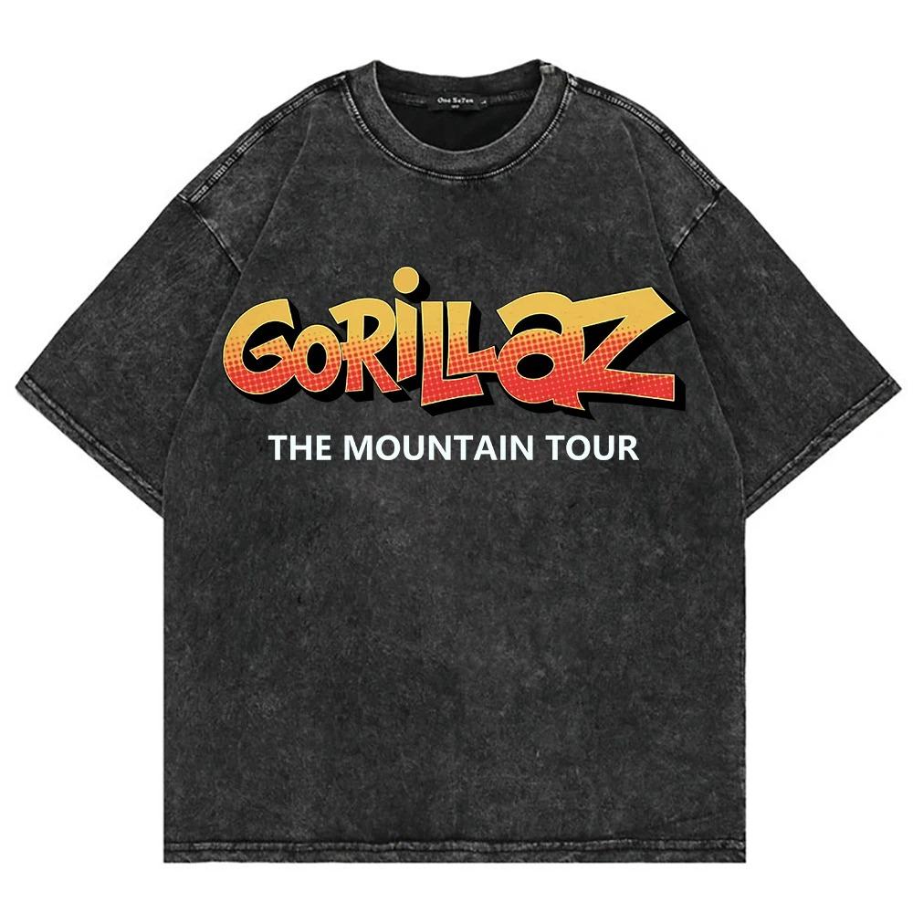 100% Bawełna Vintage Spierana Koszulka Gorillaz The Mountain Moda Mężczyźni_Kobiety Estetyczna Retro Oversize Luźne Koszulki Acid Wash