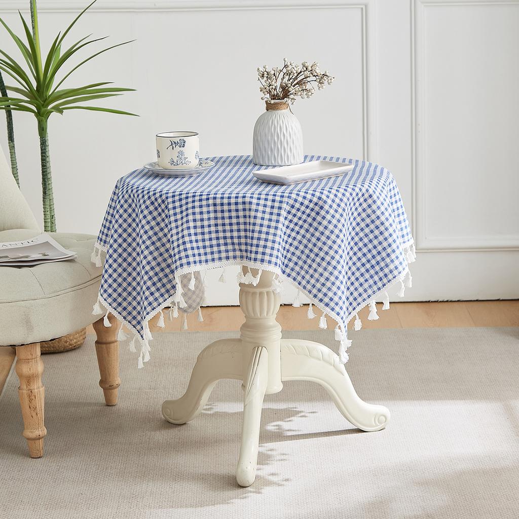 Cotton And Linen Small Fresh Navy Blue Small Flower Round Tablecloth Household Living Room Homestay Decoration Fringed Tablecloth