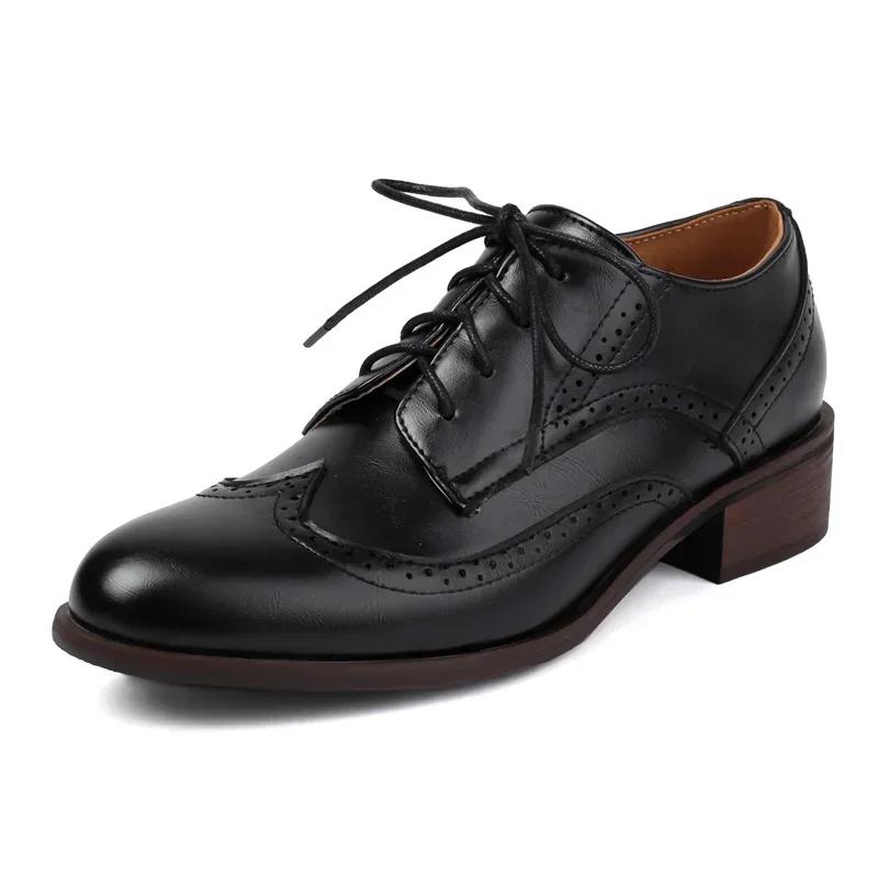 British Women Derbies Spring Autumn Mid Heel Oxfords White Yellow Brown Mixed Color Medallion Vintage Round Toe Lace Up Brogues