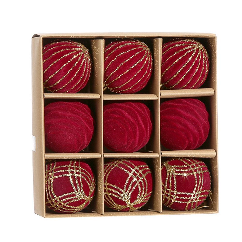 9pcs/12pcs Christmas Velvet Ornaments 2.36in/60mm Shatterproof Christmas Ball Gift Box Hanging Ornaments