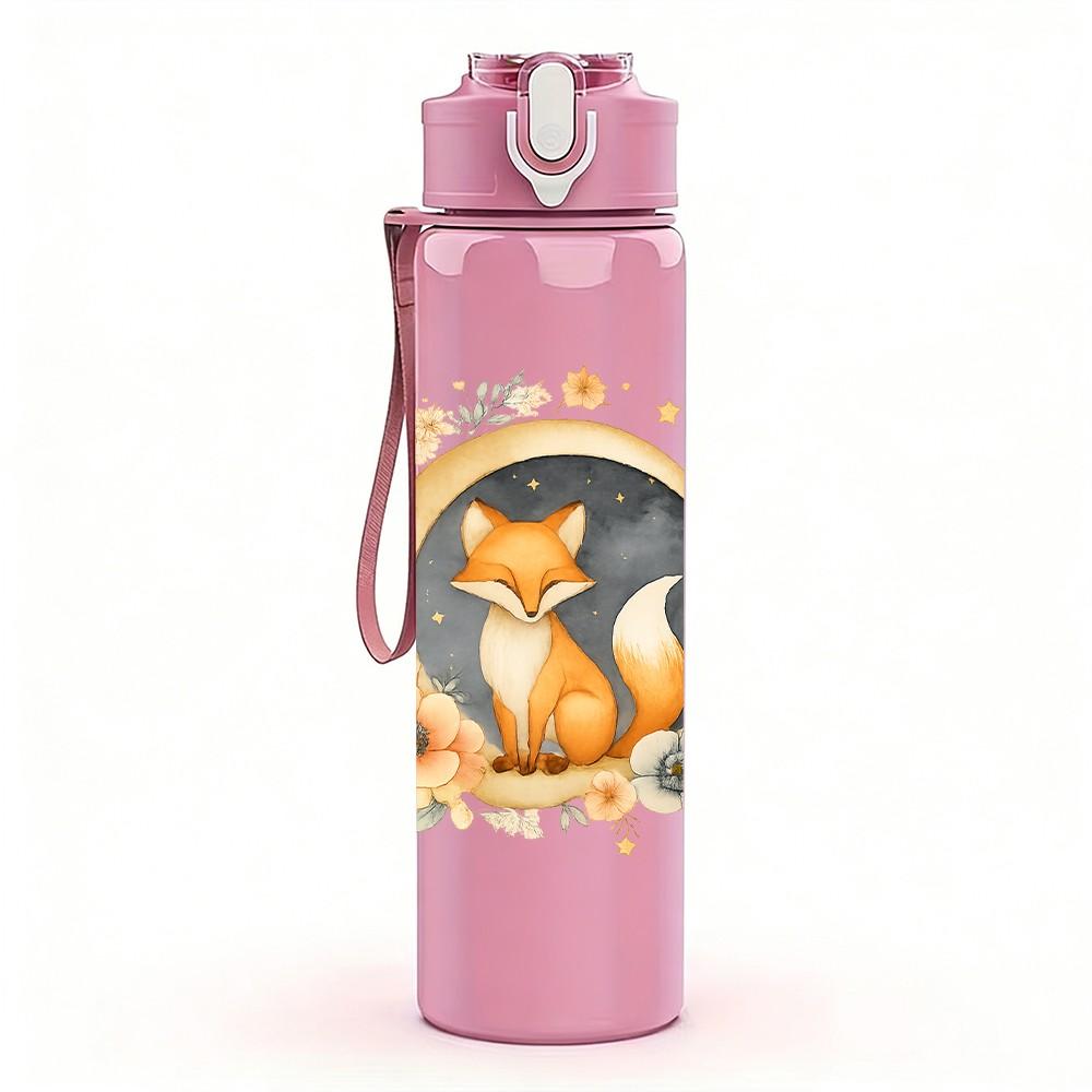 1PC Moon Wreath Fox Portrait 750ml Color Plastic Sports Water Bottle Leakproof Flip Straw Lid Suitable for Sports Office Home Use