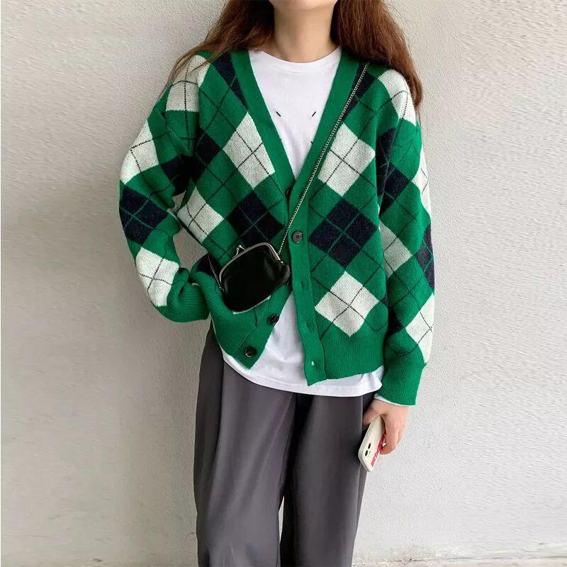 Vintage kostkovaný svetr Cardigany Dámské Oblečení 2023 Podzim Zima Single Breast Dlouhý rukáv Korejské módní topy Pull Femme C-064