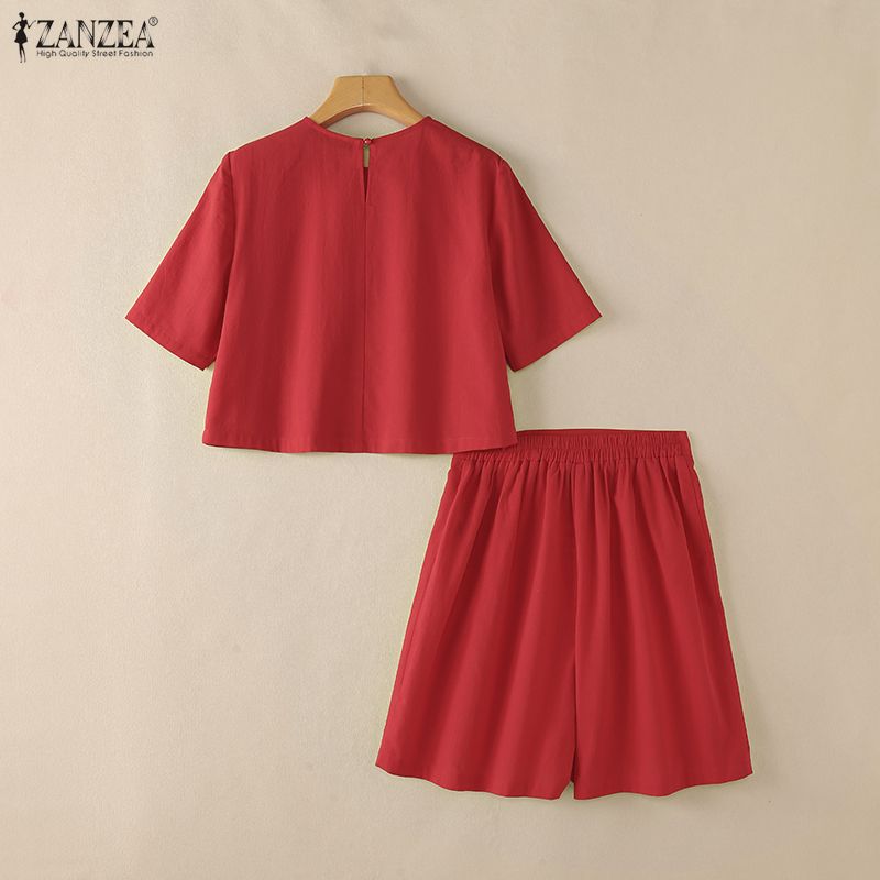 ZANZEA Women Short Sleeve Blouse and Shorts Casual Two Piece Sets